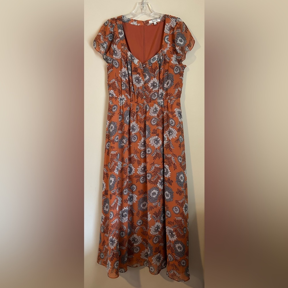 Madewell Terracotta Floral Short Flutter Sleeve Scoop Neck Midi Dress Size 6 - Picture 4 of 12